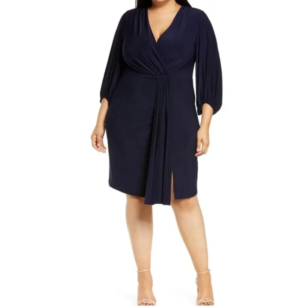 Eliza J Blue Wrap Tie Front Cocktail Dress, 16W - Picture 1 of 6